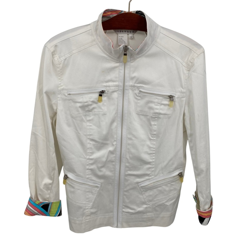 SPANNER‎ Women's Size 10 Zip Up White Jacket  Funky Print Collar Pockets